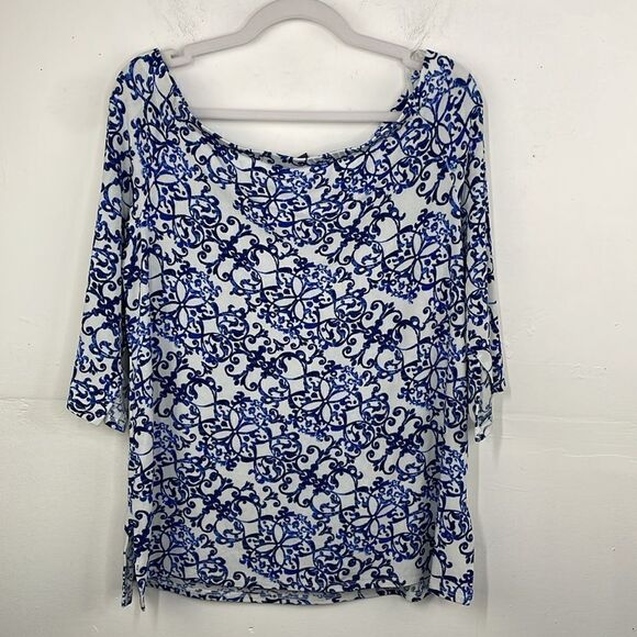 Chico’s TRAVELERS CLASSIC Off-The-Shoulder Top paisley Blue & White size L - Picture 2 of 16